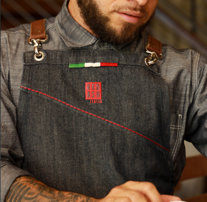 Detail of custom Red Ash bib apron made by Savilino